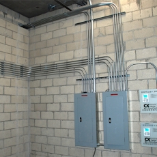 Interior of utility room with two closed fuse boxes